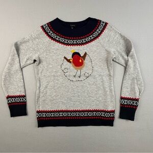 Talbots Sweater Womens Medium Holiday Bird Fair-isle Gray Navy Lamb’s Wool Blend